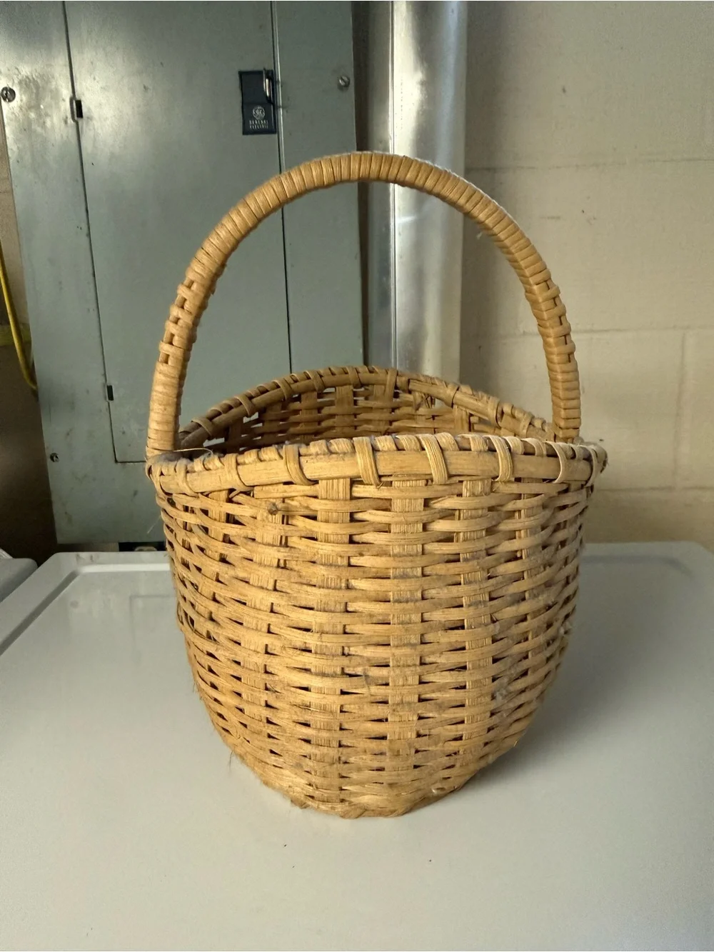 Vintage Hand Crafted Natural Woven Basket in Light Tan with Handle Rustic